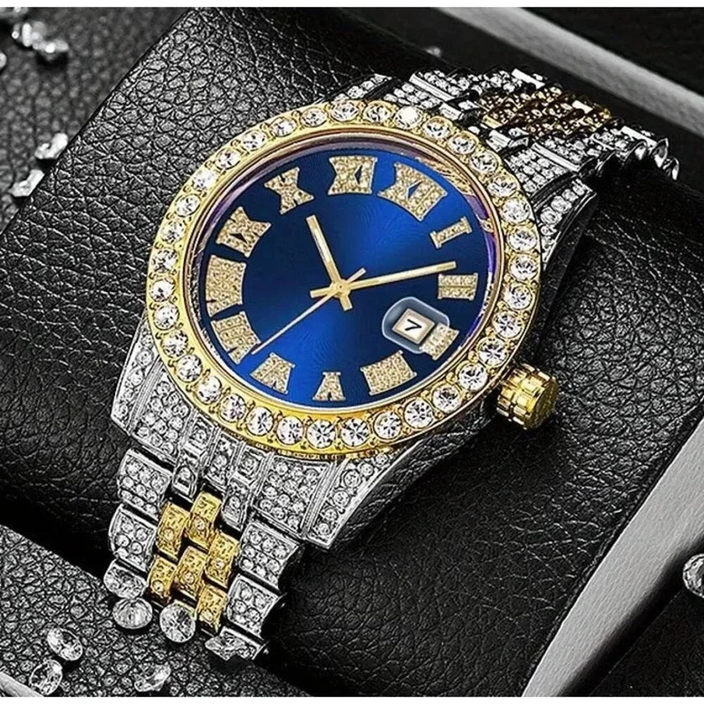 Watch Men Silver, Blue & Gold Rhinestones with Blue Face Roman‎ Scale Calendar